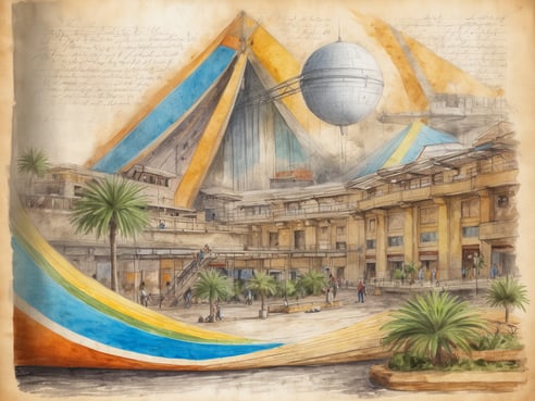 Eine futuristische Architektur mit bunten, geschwungenen Formen, darunter große gelbe und blaue Zelte. Im Vordergrund sind Palmen und ein offenes Plaza mit Menschen, die sich bewegen. Im Hintergrund sind große, pyramidenähnliche Strukturen und ein schwebender, kugelförmiger Körper. Der Himmel ist klar und die gesamte Szene wirkt lebhaft und einladend. Das Bild vermittelt eine Atmosphäre von Erholung und Abenteuer in einer ungewöhnlichen Urlaubsdestination.