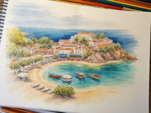 Eine malerische Küstenansicht zeigt ein kleines, idyllisches Dorf mit weißen Häusern und roten Dächern, das auf einem Hügel liegt. Vor dem Dorf erstreckt sich ein ruhiger, türkisfarbener Strand, gesäumt von Palmen und Sonnenschirmen. Im Wasser sind mehrere kleine Boote zu sehen, während der Hintergrund vom tiefblauen Meer und sanften Wellen geprägt ist. Der Himmel ist hell und klar, was die friedliche Atmosphäre des Urlaubsziels unterstreicht.