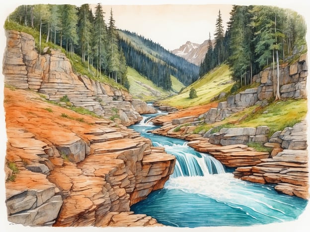 Auf dem Bild sind malerische Wasserfälle und eine idyllische Landschaft zu sehen. Die Entstehung von Wasserfällen erfolgt häufig durch die Erosion von Gestein durch fließendes Wasser, das auf unterschiedliche Gesteinsarten trifft. Hierbei kann weicheres Gestein schneller abgetragen werden, was zu einem Höhenunterschied führt und die charakteristische Fallhöhe des Wasserfalls erzeugt.Besonderheiten der dargestellten Wasserfälle könnten die schichtartige Struktur des Gesteins und die umgebenden grünen Wiesen und Wälder sein, die eine harmonische Verbindung zwischen Wasser, Felsen und Vegetation schaffen. Diese Landschaft könnte Teil eines Gebirges sein, was oft mit einer vielfältigen Flora und Fauna einhergeht. Solche wasserführenden Systeme sind zudem wichtige Ökosysteme, die Lebensraum für zahlreiche Tier- und Pflanzenarten bieten.