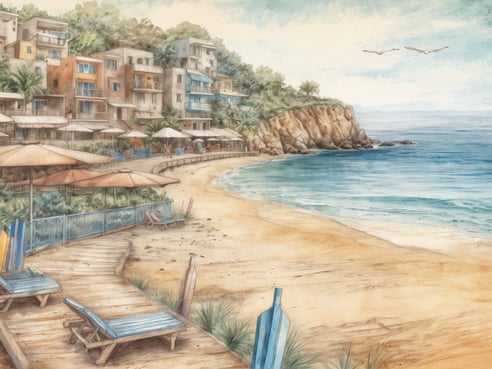 Ein malerischer Küstenort mit bunten Häusern, die an einem sanften Hang liegen. Die Strandpromenade führt zu einem goldenen Sandstrand, an dem Liegestühle und Sonnenschirme aufgestellt sind. Sanfte Wellen plätschern am Ufer, und im Hintergrund sind einige Palmen zu sehen. Der Himmel ist klar mit wenigen Wolken, während zwei Vögel über dem Wasser fliegen. Ideal für einen entspannten Urlaub am Meer.