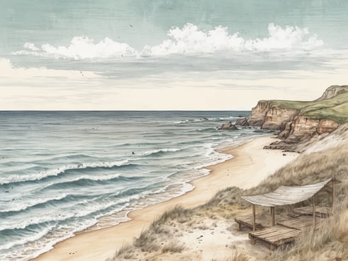 Ein ruhiger Strand an der Nordsee mit sanften Wellen, die auf den feinen, hellen Sand treffen. Im Vordergrund steht eine einfache Holzterrasse, die zum Entspannen einlädt. Im Hintergrund ziehen sich sanfte Hügel mit grüner Vegetation zur Küste hin. Der Himmel ist leicht bewölkt und verleiht der Szenerie eine friedliche Atmosphäre. Dieses Bild vermittelt das Gefühl von Entspannung und Naturnähe, ideal für einen Urlaub an der Nordsee.