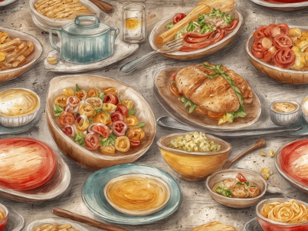 Auf dem Bild sind verschiedene kulinarische Highlights zu sehen, die eine bunte Auswahl an Gerichten präsentieren. Zu den auffälligen Elementen gehören:
- Eine große Schüssel mit einer bunten Mischung aus frischen Tomaten und anderen Gemüsesorten, die wahrscheinlich in einem Salat zubereitet sind.
- Ein saftiges Stück Hühnchen, das zusammen mit frischem Gemüse auf einem Teller angerichtet ist.
- Cremige Saucen und Beilagen in kleinen Schalen, die verschiedene Aromen bieten.
- Kleine Portionen von Pasta oder möglicherweise Reisgerichten, die ansprechend serviert sind.
- Einige frittierte oder gebackene Snacks, die für den herzhaften Genuss stehen.
Diese Vielfalt zeigt die bunte und abwechslungsreiche Welt der Kulinarik, von Salaten bis hin zu herzhaften Hauptgerichten.