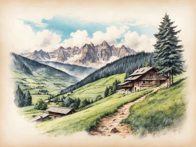 Auf dem Bild ist eine malerische Alpenlandschaft zu sehen, die von sanften Hügeln und majestätischen Bergen geprägt ist. Es gibt einige traditionelle Holzhütten, die typisch für die alpine Region sind. Diese Unterkünfte bieten oft einen idyllischen Rückzugsort für Wanderer und Naturliebhaber.In einer solchen Umgebung kann man regionale Spezialitäten wie Speckplatten, Käse und knusprige Brezeln genießen. Auch hausgemachte Pasta und herzhaftes Sauerkraut sind beliebte Gerichte, die die Geschmacksknospen erfreuen. Nach einem langen Tag in der Natur sind rustikale Mahlzeiten und lokale Biere eine wunderbare Möglichkeit, den Abend abzurunden.