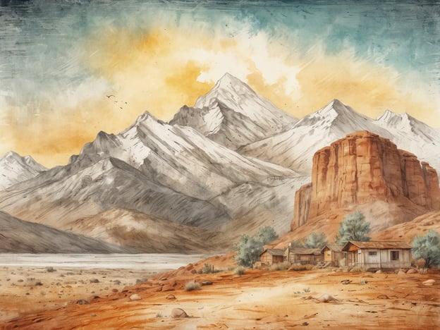 Auf dem Bild sind majestätische Berge zu sehen, deren Spitzen mit Schnee bedeckt sind. Im Vordergrund befinden sich einige einfache Holzhäuser, die in einer rauen, wüstenähnlichen Landschaft stehen. Die Farbpalette umfasst warme Orangetöne und sanfte Blautöne, die eine friedliche, aber auch wilde Atmosphäre erzeugen.
### Tipps für die richtige Inszenierung:
1. **Fokus auf die Landschaft:** Stelle sicher, dass die Berge und die Pflanzen im Vordergrund harmonisch miteinander verbunden sind, um die Weite der Szenerie hervorzuheben.
2. **Licht und Schatten:** Nutze das Licht optimal, um Dimensionen zu schaffen. Zum Beispiel könnten die Sonnenstrahlen, die durch die Wolken scheinen, das Bild lebendiger wirken lassen.
3. **Farbauswahl:** Spiele mit Kontrasten zwischen warmen und kalten Farben, um eine emotionale Tiefe zu erzeugen, die die Betrachter anspricht.
4. **Details hinzufügen:** Kleine Details wie Vögel im Himmel oder Schatten auf dem Boden können das Bild lebendiger machen und den Betrachtern helfen, in die Szenerie einzutauchen.
Durch diese Inszenierung wird die stimmungsvolle Landschaft noch eindrucksvoller und einladender.