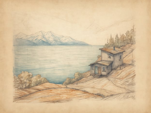 Auf dem Bild ist eine malerische Landschaft mit einem See im Vordergrund und beeindruckenden Bergen im Hintergrund zu sehen. Im Bild dominant ist ein einfaches Haus, das auf einer Anhöhe steht, umgeben von sanften Hügeln und Bäumen. Die Farben sind sanft und harmonisch, mit blauen und erdigen Tönen, die eine ruhige Atmosphäre vermitteln.
Die Komposition ist ausgewogen, da das Haus auf der rechten Seite platziert ist, während der Blick auf den See und die Berge in der Mitte des Bildes verläuft. Diese Anordnung führt das Auge des Betrachters durch die Szene, von den Details der Natur in den Vordergrund bis hin zu den majestätischen Bergen im Hintergrund. Die sanften Linien und die ruhige Farbpalette tragen zur friedlichen Stimmung des Kunstwerks bei.
