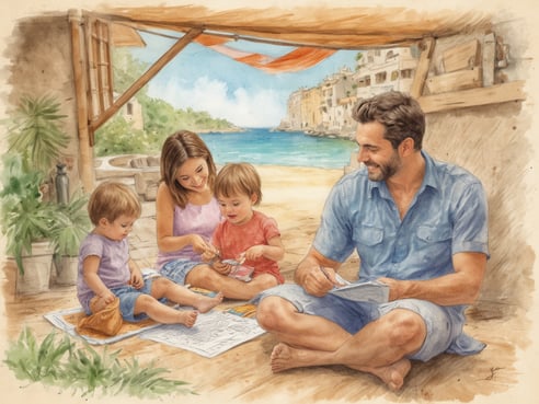 Eine Familie sitzt im Schatten eines überdachten Bereichs mit Blick auf einen Strand. Die Mutter und der Vater, beide lächelnd, verbringen Zeit mit ihren zwei kleinen Kindern, die auf einem großen Blatt Papier malen und spielen. Im Hintergrund sind Palmen und eine helle Landschaft zu sehen, die auf einen sonnigen, kinderfreundlichen Ort hinweist. Die Atmosphäre ist entspannt und fröhlich, was ideal für das Reisen mit Kleinkindern ist.