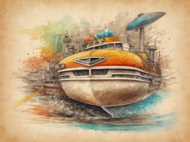 Auf dem Bild siehst du ein beeindruckendes, futuristisches Schiff, das über die Wellen braust! Mit seiner leuchtenden orangefarbenen Farbe und den coolen blauen Kuppeln auf dem Dach sieht es aus, als wäre es bereit für ein großes Abenteuer. Es sprüht vor Energie, während es durch die Wasseroberfläche schneidet und jede Menge Spritzwasser hinterlässt. Im Hintergrund sind weitere Schiffe zu erkennen, die im Hafen warten – vielleicht laden sie spannende Fracht oder neue Entdeckungen ein! Stell dir vor, du bist der Kapitän und steuerst dieses außergewöhnliche Gefährt in unbekannte Gewässer. Auf geht's zur nächsten großen Expedition! ????????⚓