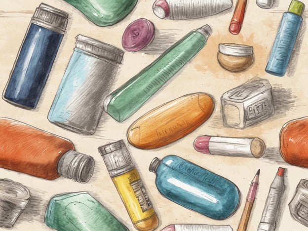 Auf dem Bild sind verschiedene Hygieneartikel und Medikamente zu sehen. Dazu gehören:
1. **Flaschen** – Es gibt mehrere Flaschen in unterschiedlichen Farben, die wahrscheinlich Shampoo oder Duschgel enthalten könnten.
2. **Salben oder Cremes** – Kleine Dosen und Tuben deuten auf Hautpflegeprodukte oder Medikamente hin.
3. **Tabletten** – Sichtbare Pillen oder Kapseln, die als Medikamente genutzt werden.
Das Bild vermittelt den Eindruck einer Sammlung von Pflegeprodukten und Arzneimitteln.