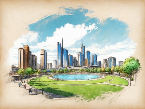 Eine Zeichnung zeigt einen großzügigen Park mit einer zentralen Wasserfläche, umgeben von einer weitläufigen Grünfläche. Im Hintergrund erhebt sich eine moderne Skyline mit hohen, gläsernen Gebäuden und markanten architektonischen Formen. Der Himmel ist klar mit einigen Wolken, während Spaziergänger auf den Wegen im Park flanieren und Bäume die Szenerie umranden.