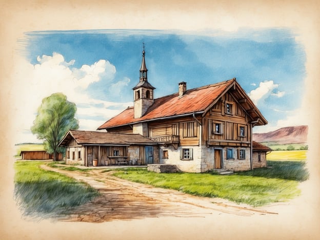 Auf dem Bild ist ein malerisches, traditionelles Fachwerkhaus zu sehen, umgeben von einer idyllischen Landschaft. Kulinarische Highlights, die man in solch einer Umgebung genießen könnte, sind beispielsweise:- **Hausgemachte Brotzeit**: Frisches, knuspriges Bauernbrot mit ländlichem Käse und Wurst.- **Herzhafte Bauernpfanne**: Ein Gericht aus saisonalem Gemüse und regionalem Fleisch, gebraten in der Pfanne.- **Apfelstrudel**: Ein klassisches Dessert, das oft mit Vanillesoße oder Sahne serviert wird.- **Hausgemachte Marmelade**: Aus den Früchten der Umgebung, ideal für das Frühstück.Diese Gerichte spiegeln die Traditionen und die einfache, aber schmackhafte Küche des ländlichen Lebens wider.