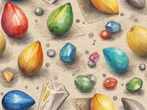 Auf dem Bild sind eine Vielzahl von stilisierten, bunten Edelsteinen und Perlen in unterschiedlichen Formen und Farben zu sehen. Die Farben reichen von Rot, Blau, Grün, Gelb bis zu Lila und Orange. Die Edelsteine liegen auf einer hellen, strukturierten Unterlage, die an Papier erinnert. Die Anordnung der Steine ist willkürlich, was einen lebendigen und kreativen Eindruck vermittelt.