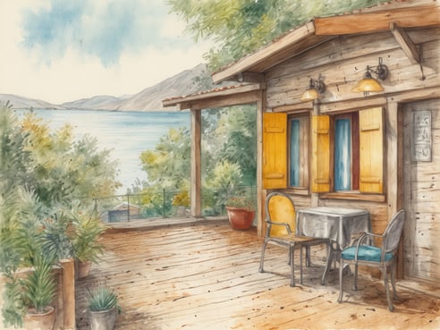 Eine Holzterrasse mit Blick auf einen ruhigen See und sanfte Hügel im Hintergrund. Im Vordergrund steht ein runder Tisch mit zwei Stühlen, einer gelb und einer blau. Die Wände des kleinen Hauses sind aus Holz, mit großen Fenstern und gelben Fensterläden. Einige Pflanzen in Töpfen sind um die Terrasse verteilt, während das sanfte Licht eine entspannende Atmosphäre schafft.