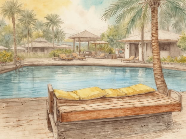 Eine entspannende Poollandschaft ist zu sehen, umgeben von hohen grünen Palmen und kleinen Gartenbereichen. Am Rand des Pools steht eine Holzliege mit zwei gelben Kissen, die zum Entspannen einlädt. Im Hintergrund sind mehrere Sonnenliegen und Sonnenschirme platziert, die eine ruhige Atmosphäre schaffen. Im Hintergrund erkennt man Bungalows, die den Raum um den Pool ergänzen. Die Farbgebung vermittelt eine warme und friedliche Stimmung, die zum Regenerieren einlädt.
