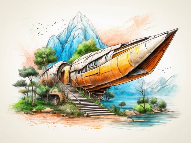 Auf dem Bild ist eine futuristische Struktur zu sehen, die an ein Raumschiff oder eine ungewöhnliche Unterkunft erinnert. Sie befindet sich in einer natürlichen Umgebung mit Bergen im Hintergrund und Bäumen sowie Wasser im Vordergrund.Der Baumwipfelpfad ist ein Erlebnisweg, der in den Baumwipfeln von Wäldern verläuft, oft in Form von Holzstegen oder Aussichtsplattformen. Er ermöglicht den Besuchern, die Natur aus der Höhe zu erleben und bietet oft einen Blick auf die Umgebung von oben.