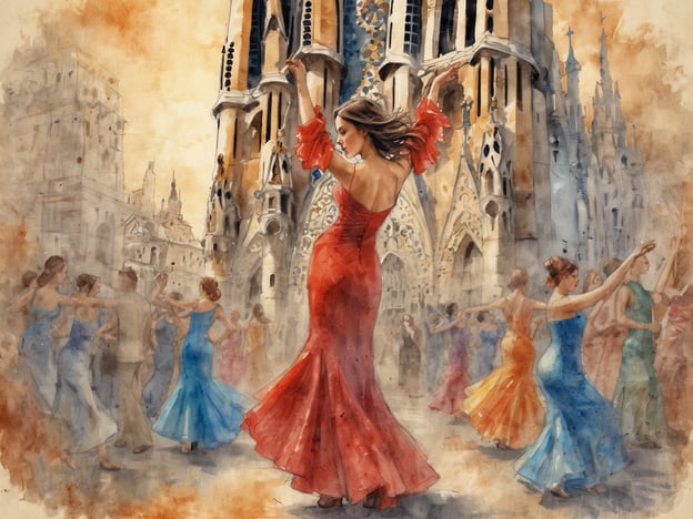 Auf dem Bild ist eine lebhafte Tanzszene zu sehen, die von der traditionellen spanischen Kultur inspiriert ist. Die Frau in einem roten Kleid steht im Mittelpunkt und tanzt, während andere Tänzerinnen in bunten Kleidern sie umgeben. Diese Darstellung erinnert an die Flamenco-Tanztradition, die vor allem in Andalusien sehr beliebt ist.
Der Hintergrund könnte inspiriert sein von ikonischen architektonischen Highlights Spaniens, wie der Sagrada Família in Barcelona, die für ihren einzigartigen Stil und die beeindruckenden Türme bekannt ist. Solche kulturellen Elemente verkörpern die Leidenschaft und den künstlerischen Ausdruck, die tief in der spanischen Kultur verwurzelt sind. Der Tanz könnte auch symbolisch für die Feier von Festlichkeiten oder lokalen Traditionen stehen, die in vielen spanischen Städten und Dörfern stattfinden.