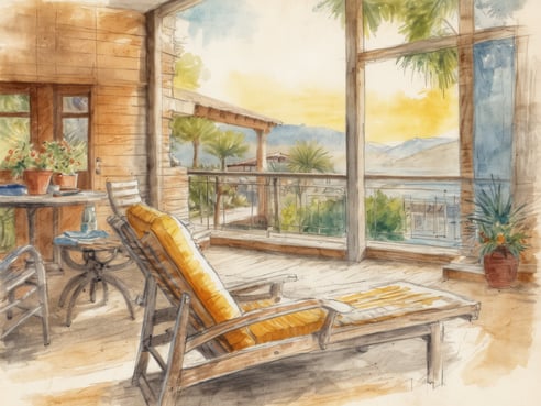 Eine helle und einladende Terrasse mit Blick auf die Berge. Es gibt komfortable Liegestühle mit gelben Kissen und einen kleinen Tisch mit Töpfen und einem Glas. Durch große Fenster strömt das Sonnenlicht, und die Umgebung ist grün mit Palmen und Pflanzen. Im Hintergrund erstreckt sich die Berglandschaft unter einem sanften Himmel.