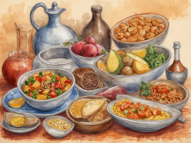 Auf dem Bild sind verschiedene Gerichte und Zutaten zu sehen, die eine bunte und vielfältige Präsentation von Speisen zeigen. In bunten Schalen sind frische Salate, Gemüse und verschiedene Beilagen angerichtet. Es gibt auch offensichtlich mediterrane Elemente wie Limetten und Kräuter.
Diese Darstellung spiegelt die kulinarische Vielfalt Spaniens wider, wo frische Zutaten und reichhaltige Aromen eine zentrale Rolle in der Küche spielen. Die Kombination von Gemüse, Salaten und aromatischen Soßen zeigt, wie vielfältig und lecker die spanische Gastronomie sein kann.