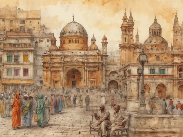 Auf dem Bild ist eine lebhafte Szene in einer historischen Stadt zu sehen, die ein Gefühl von reicher Kultur und Geschichte vermittelt. Im Vordergrund interagieren Menschen in traditionellen Kleidern, was auf vielfältige kulturelle Einflüsse hinweist.Die Architektur im Hintergrund ist beeindruckend, mit prächtigen Kuppeln und Türmen, die möglicherweise religiöse oder öffentliche Gebäude darstellen. Solche Bauwerke sind häufig Zeugnisse einer vergangenen Zeit, in der Kunst und Architektur florierten. Die Atmosphäre ist geschäftig, was auf einen Marktplatz oder einen zentralen Treffpunkt hindeutet, an dem das tägliche Leben und der Austausch zwischen unterschiedlichen Kulturen stattfinden.Die sanften Erdtöne und der Aquarell-Stil des Bildes tragen zur nostalgischen Stimmung bei und lassen die Szene wie eine Erinnerung an vergangene Epochen erscheinen.
