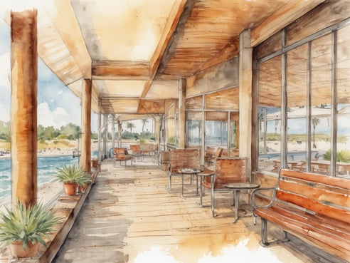 Ein einladender Innenraum mit einer breiten Veranda, die an einem Gewässer gelegen ist. Die Wände sind aus Glas und bieten einen Blick auf die grüne Landschaft und das Wasser. Holzvertäfelungen und gemütliche Sitzgelegenheiten aus Holz und Metall schaffen eine entspannte Atmosphäre. Töpfe mit Pflanzen stehen auf dem Boden, und helle Farben verleihen dem Raum eine freundliche, luftige Stimmung. Der Himmel ist blau mit einigen Wolken, während Palmen im Hintergrund sichtbar sind.