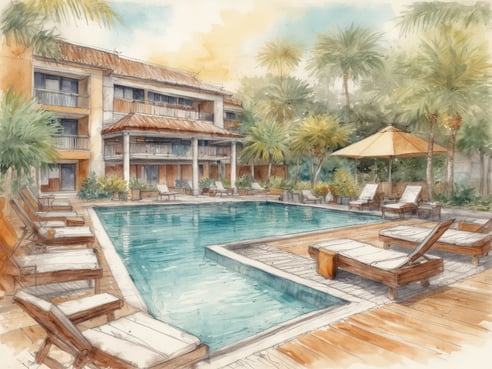 Ein wunderschöner Außenbereich eines SPA-Resorts ist zu sehen, der eine entspannende Atmosphäre ausstrahlt. Im Vordergrund liegt ein klarer, blauer Pool, der von gemütlichen Liegen umgeben ist. Die Liegen sind aus hellem Holz gefertigt und mit weißen Polstern ausgestattet. Im Hintergrund steht ein elegantes Gebäude mit einem schattenspendenden Vordach und mehreren Balkonen. Üppige grüne Palmen und andere Pflanzen rahmen den Bereich ein und schaffen ein tropisches Ambiente. Über dem Pool ist ein sonniger Himmel zu erkennen, was die ideale Umgebung für eine Wellness Auszeit verspricht.