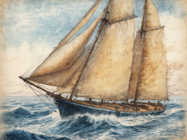Auf dem Bild ist eine majestätische Segelyacht auf offener See zu sehen. Die Segel sind gespannt, während die Yacht durch die Wellen gleitet. Umgeben von einem weiten, blauen Himmel und dem glitzernden Wasser, vermittelt die Szene ein Gefühl von Abenteuer und Freiheit. Die Ausstattung des Schiffes und die Detailtreue schaffen eine lebendige Vorstellung eines Segelabenteuers auf hoher See.