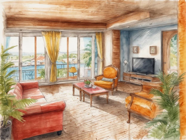 Ein helles und einladendes Wohnzimmer mit großen Fenstern, die einen Blick auf eine grüne Umgebung bieten. Die Wände sind in sanften Blau- und Cremetönen gehalten. Eine rote Couch und zwei gemütliche orangefarbene Sessel laden zum Verweilen ein. Ein niedriger Couchtisch mit einer kleinen Pflanze darauf steht im Mittelpunkt des Raumes. Eine Stehlampe und einige Zimmerpflanzen ergänzen die Einrichtung. Der Raum strahlt eine harmonische und entspannende Atmosphäre aus, ideal für private Erholung in einer Ferienwohnung.