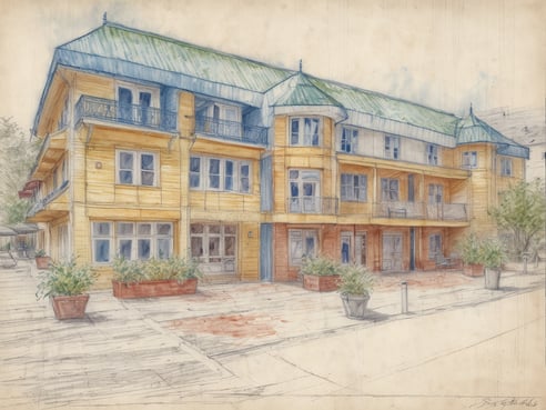 Das Bild zeigt ein architektonisches Wasserfarbenbild eines modernen, zweigeschossigen Gebäudes. Es hat eine gelbe Holzverkleidung und ein grünliches, gewölbtes Dach. Die Fassade ist mit großen Fenstern gestaltet, die viel natürliches Licht hereinlassen. Auf der linken Seite sieht man eine Terrasse mit Pflanzen und Möbeln. Vor dem Gebäude befinden sich Pflanzkübel mit üppigem Grün. Die Umgebung ist freundlich und einladend, ideal für Entspannung und Wellness.