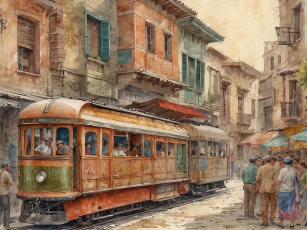 Auf dem Bild ist eine farbenfrohe Szene aus einer Stadt zu sehen, die von einem nostalgischen Straßenbahnwagen dominiert wird. Dieser Wagen fährt durch eine enge Straße, gesäumt von historischen Gebäuden mit bunten Fassaden und geschlossenen Fensterläden. Die Menschen, die im Straßenbahnwagen und in der Umgebung zu sehen sind, scheinen in einem geschäftigen Austausch zu sein, was ein lebendiges Bild des städtischen Lebens vermittelt.
Diese Darstellung könnte das reiche kulturelle Erbe und die Geschichte des Landes widerspiegeln, indem sie das Alltagsleben der Menschen in einem historischen Kontext einfängt. Die Straßenbahn symbolisiert möglicherweise die Entwicklung des öffentlichen Verkehrs und die Verbindung zwischen verschiedenen Stadtteilen, während die Architektur auf koloniale oder lokale Baustile hinweist, die die kulturelle Vielfalt und die Geschichte widerspiegeln. Solche Szenen laden dazu ein, die Geschichte und Kultur des Landes hautnah zu erleben.