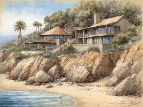 Ein malerisches Küstenhaus mit einem roten Satteldach steht auf einer felsigen Klippe, umgeben von Palmen und üppigem Grün. Unterhalb des Hauses erstreckt sich ein feiner Sandstrand, an dem sanfte Wellen an die Küste plätschern. Die Felsen zeigen warme Erdtöne und die gesamte Szenerie strahlt eine ruhige, entspannende Atmosphäre aus, die zum Durchatmen einlädt. Im Hintergrund ist ein sanfter Hügel mit weiteren Bäumen zu sehen, und der Himmel ist hell und klar.