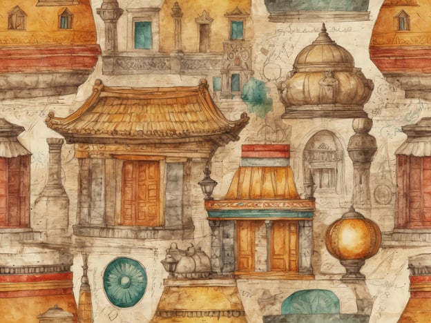 Auf dem Bild sind verschiedene architektonische Elemente zu sehen, die aus unterschiedlichen Kulturen stammen könnten. Die Darstellung umfasst diverse Dächer, Fenster und Ornamente, die an historische Bauwerke erinnern. Die Verwendung von sanften Farben und wasserfarbenartigen Techniken verleiht der Komposition eine künstlerische Note.Diese Interpretation spiegelt die Vielfalt der Architektur wider, die in unterschiedlichen Regionen der Welt zu finden ist, von asiatischen Tempeln über traditionellere europäische Stile bis hin zu exotischeren, orientalischen Einflüssen. Es scheint, als würde das Bild zum Nachdenken über kulturelle Erbes und architektonische Vielfalt anregen.
