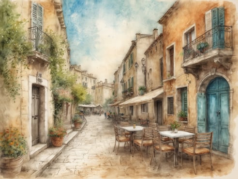 Eine malerische Gasse mit alten, charmanten Gebäuden, die von bunten Blumen und grünen Pflanzen geschmückt sind. Umgeben von warmen, erdigen Farben der Fassaden sind Tische und Stühle vor einem Restaurant aufgestellt, ideal für romantische Momente zu zweit. Am Ende der Straße sieht man eine gemütliche Atmosphäre mit kleinen Markisen und weiteren Tischen, die zum Verweilen einladen. Der Himmel ist klar und hell, was eine friedliche und einladende Stimmung schafft.