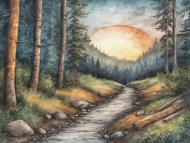 Auf dem Bild ist eine malerische Landschaft mit einem schmalen Weg, der durch einen Wald führt. Der Sonnenuntergang im Hintergrund taucht die Szenerie in warmes Licht, während die Bäume und der Weg von sanften Farben umgeben sind.
Aktivitäten für Naturliebhaber, die in so einer Umgebung stattfinden könnten, sind:
1. **Wanderungen**: Den Wald auf kleinen Pfaden erkunden und die frische Luft genießen.
2. **Fotografie**: Die spektakulären Lichtverhältnisse und die Natur festhalten.
3. **Vogelbeobachtung**: In der Dämmerung Vögel beobachten, die aktiv sind.
4. **Picknicks**: An einem ruhigen Platz im Wald eine kleine Pause einlegen.
5. **Meditation**: Die friedliche Umgebung nutzen, um zu entspannen und die Natur zu genießen.
Diese Aktivitäten bieten die Möglichkeit, die Schönheit der Natur hautnah zu erleben.