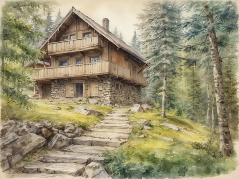 Eine malerische Berghütte aus Holz und Stein, umgeben von dichten, hohen Tannen und einer idyllischen Wiesenlandschaft. Ein geschwungener Steg führt zur Eingangstür der Hütte, die mit Holzläden geschmückt ist. Die Hütte verfügt über einen Balkon im oberen Stockwerk, auf dem man die ruhige Natur genießen kann. Die gesamte Szene strahlt eine friedliche und entspannende Atmosphäre aus, die perfekt für einen Wellnessaufenthalt im Bayerischen Wald geeignet ist.