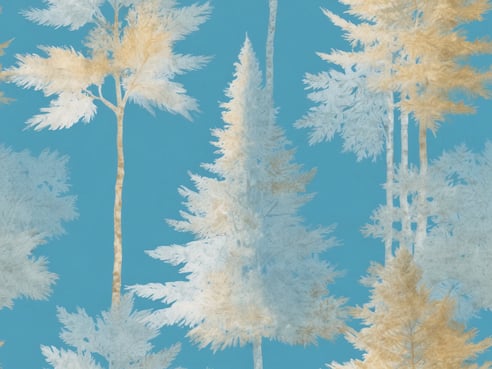 Ein stilvolles Wandbild mit einer harmonischen Darstellung von Bäumen in sanften Farben. Die Bäume sind in verschiedenen Schattierungen von Blau, Weiß und sanften Gelbtönen gehalten, vor einem einheitlichen blauen Hintergrund. Die Anordnung der Bäume vermittelt ein Gefühl von Ruhe und Natürlichkeit, ideal für die Atmosphäre eines Wellnesshotels in Bayern.