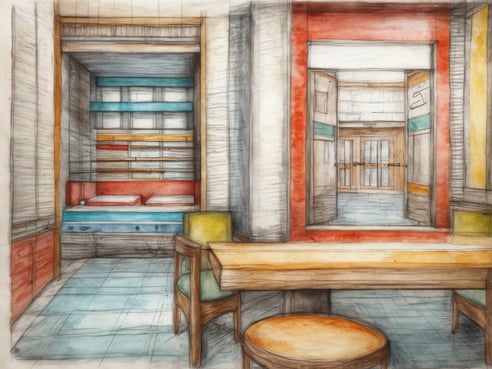 Der Innenraum zeigt ein modernes und stilvolles Spa-Ambiente. Auf der linken Seite befindet sich ein Schlafbereich mit roten Polstern und bunten Regalen, während rechts ein Tisch mit einem Stuhl und einem runden Hocker zu sehen ist. Die Wände sind in sanften Tönen gehalten und verleihen dem Raum eine entspannende Atmosphäre. Im Hintergrund sind große, offene Türen, die auf einen weiteren Bereich des Spas hinweisen. Das Gesamtbild vermittelt ein Gefühl von Ruhe und Erholung, perfekt für ein Wellness-Wochenende in Hamburg.