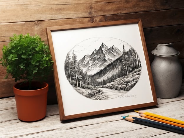 Auf dem Bild ist eine Zeichnung eines malerischen Gebirgslandschafts zu sehen. Diese Art von Landschaft lädt zu verschiedenen Übernachtungsmöglichkeiten ein, wie zum Beispiel:1. **Berghütten**: Ideal für Wanderer, um die Natur hautnah zu erleben und die Ruhe der Berge zu genießen.2. **Campingplätze**: Umgeben von der Schönheit der Natur, bieten sie eine einfache und naturnahe Übernachtungsmöglichkeit.3. **Ferienwohnungen oder Chalets**: Diese bieten komfortable Annehmlichkeiten und sind oft in der Nähe beliebter Wander- oder Skigebiete.4. **Mountain Resorts**: Für diejenigen, die sowohl Abenteuer als auch Luxus suchen, bieten solche Resorts vielfältige Unterkunftsoptionen.Die Atmosphäre der Zeichnung vermittelt eine einladende Natur, die perfekte Voraussetzungen für einen erholsamen Aufenthalt bietet.