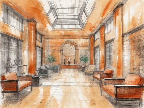 Eine stilvolle SPA-Lobbyszene mit gemütlichen Sesseln in Orange und Schwarz, hellen Wänden und großen Fenstern, die viel Licht hereinlassen. In der Mitte steht ein kleiner Tisch mit einer Pflanze und skulpturalen Elementen. Der Boden ist mit hellen Fliesen bedeckt, und es gibt eine harmonische Atmosphäre, die zum Entspannen einlädt. Ideal für Wellness Düsseldorf und die Luxus-SPAs in der Modemetropole.