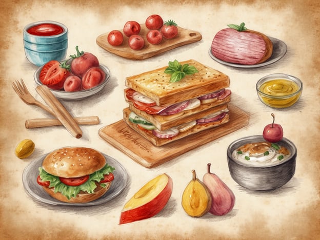 Auf dem Bild sind verschiedene kulinarische Highlights zu sehen. Im Vordergrund befindet sich ein appetitlicher Burger mit frischem Salat und Tomate. Daneben liegt eine großzügige Portion Zutaten, darunter ein herzhaft belegtes Sandwich mit verschiedenen Schichten und etwas frischem Basilikum obendrauf.
Zusätzlich sind Tomaten, eine Schale mit Dip, Senf sowie einige frische Früchte wie Äpfel und Birnen abgebildet. Diese bunte Vielfalt an Speisen lädt dazu ein, die verschiedenen Aromen und Texturen zu genießen!