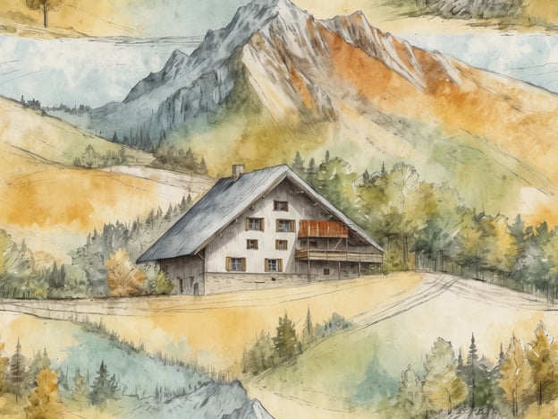 Eine malerische alpine Landschaft ist zu sehen, mit sanften Hügeln, sanften Farben in Gelb und Grün sowie markanten Berghorizonten. Im Vordergrund steht ein traditionelles Holzhaus mit einem charakteristischen Dach und einem kleinen Balkon. Das Haus ist von Bäumen umgeben und liegt in einer ruhigen Umgebung, die zur Erholung und zum Entspannen einlädt. Die Szenerie vermittelt ein Gefühl von Idylle und Naturverbundenheit, ideal für Wellnessangebote im Alpenvorland.