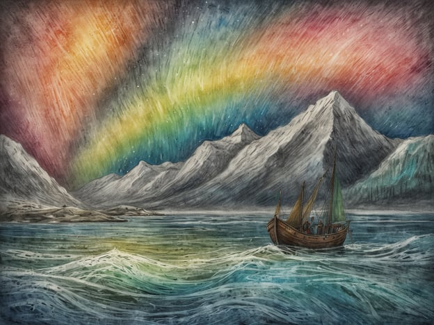 Auf dem Bild ist eine malerische Szene zu sehen, die eine Wasserlandschaft mit einem traditionellen Boot zeigt, das in einem Gewässer segelt. Im Hintergrund erheben sich majestätische Berge, und der Himmel ist mit einem zauberhaften, bunten Lichtspiel gefüllt, das wahrscheinlich das Nordlicht darstellt.
In Schweden ist das Nordlicht, bekannt als "Aurora Borealis", ein spektakuläres Naturphänomen, das viele Besucher anzieht, besonders in den nördlichen Regionen wie Lappland. Es zieht nicht nur Touristen an, sondern ist auch tief in der schwedischen Kultur verwurzelt, mit vielen Folkloregeschichten und Traditionen, die sich um dieses beeindruckende Schauspiel ranken. Solche Naturschönheiten machen Schweden zu einem faszinierenden Ziel für Naturliebhaber und kulturinteressierte Reisende.