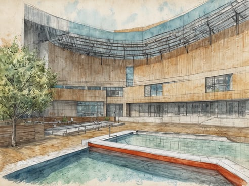 Ein modernes, architektonisch ansprechendes Gebäude mit einer großzügigen Außenfläche ist zu sehen. Im Vordergrund befindet sich ein Schwimmbecken mit klaren Wasser und einer roten Einfassung. Rund um das Becken sind Holzterrassen mit Liegen und Pflanzen angeordnet. An der linken Seite steht ein üppiger Baum, der schattige Biotope bietet. Die Fassade des Gebäudes besteht aus Holz und großen Fenstern, die viel Licht hereinlassen. Oberhalb des Gebäudes verläuft ein transparentes Dach, das einen offenen, einladenden Raum schafft. Diese entspannende Oase könnte eine ideale Wellnessumgebung im Ruhrgebiet darstellen.