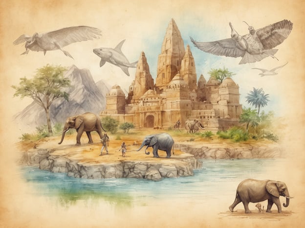 Auf dem Bild ist eine malerische Szene mit mehreren Elefanten, die sich in einer ansprechenden Landschaft befinden, die an die Schönheit Sri Lankas erinnert. Im Hintergrund ist ein majestätischer Tempel oder Palast zu sehen, der an die beeindruckende Architektur des Landes erinnert. Darüber fliegen verschiedene Vögel und es gibt Wasserlebewesen, was die reiche Tierwelt Sri Lankas widerspiegelt.In Sri Lanka kann man viele spannende Aktivitäten erleben, wie z.B. Safaris in Nationalparks, wo man Elefanten und andere Wildtiere in ihrem natürlichen Lebensraum beobachten kann. Der Besuch der historischen Tempel und der Erkundung der kulturellen Stätten ist ebenso beliebt. Außerdem locken die herrlichen Strände und die faszinierende Unterwasserwelt, wo sich Aktivitäten wie Schnorcheln und Tauchen anbieten.