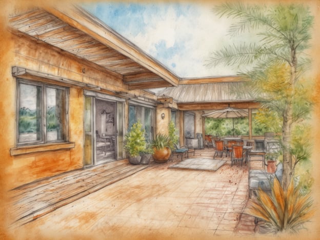 Eine großzügige Terrasse mit angenehmem Holz- und Steinboden ist zu sehen. Auf der rechten Seite stehen gemütliche Gartenmöbel, darunter ein Tisch mit Stühlen und ein Sonnenschirm, die zum Entspannen einladen. Im Hintergrund sind große Fenster, die einen Blick in einen hellen Innenraum ermöglichen. Um die Terrasse herum sind verschiedene Pflanzen in Töpfen platziert, die für eine freundliche und einladende Atmosphäre sorgen. Der Himmel ist hellblau und vermittelt ein Gefühl von Ruhe und Harmonie.