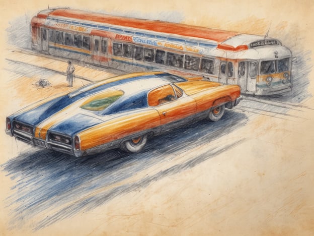 Auf dem Bild ist eine künstlerische Darstellung zu sehen, die einen alten, auffällig gestalteten Wagen in orange-blau und eine Straßenbahn zeigt, die sich auf einer Straße befindet. Ein Mensch steht in der Nähe der Gleise, während das Auto in Richtung der Straßenbahn fährt.
Wenn du an aktuellen Last-Minute-Angeboten interessiert bist, solltest du spezielle Reise- oder Event-Websites besuchen, um die besten Schnäppchen zu finden!