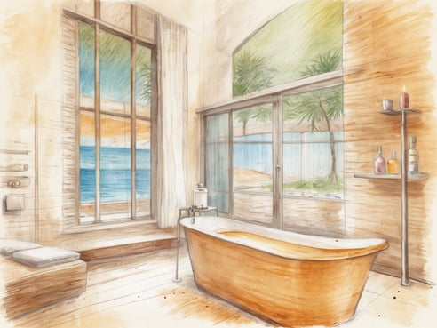 Ein elegantes Badezimmer mit einer freistehenden Badewanne aus Holz, umgeben von hellen Wänden und großen Fenstern, die einen atemberaubenden Blick auf das Meer bieten. Die Fenster sind mit weißen Vorhängen versehen, und die Landschaft zeigt Palmen und einen sonnigen Himmel. Neben der Badewanne stehen verschiedene Flaschen und Kerzen auf einem Regal, während ein gemütlicher Holzsitzplatz im Raum vorhanden ist. Die Atmosphäre strahlt Ruhe und Entspannung aus, ideal für Wellness- und Erholungsbehandlungen.