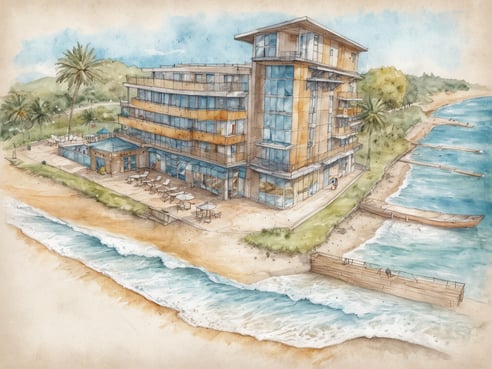 Ein modernes Wellness Hotel an der Ostsee, umgeben von Palmen und einem feinen Sandstrand. Das Gebäude ist in warmen Erdtönen gehalten und verfügt über große Fenster, die viel Licht hereinlassen. Auf der Terrasse sind einige Tische und Stühle aufgestellt, die zum Entspannen einladen. Im Vordergrund sind Wellen zu sehen, die sanft an den Strand plätschern, während im Hintergrund ein ruhiger Küstenabschnitt und ein Bootsanlegeplatz zu erkennen sind. Der Himmel ist hell und freundlich, was eine entspannende Atmosphäre schafft.