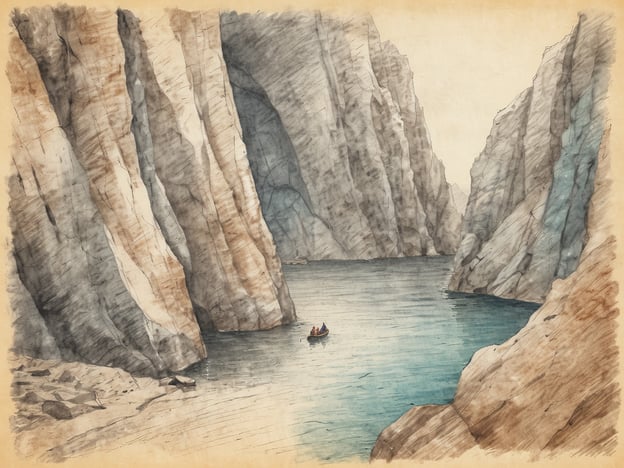 Auf dem Bild ist eine malerische Schlucht mit hohen, steilen Felsen zu sehen, die sich über das Wasser erstrecken. In der Mitte befindet sich ein kleines Boot mit mehreren Personen, die anscheinend das ruhige Wasser erkunden.Für Abenteuerlustige könnten Aktivitäten wie Kajakfahren, Klettern an den Felswänden oder Wandern entlang der Küstenlinie in dieser beeindruckenden Umgebung sehr reizvoll sein. Tauchen oder Schnorcheln könnten ebenfalls tolle Möglichkeiten bieten, die Unterwasserwelt zu entdecken.