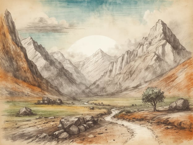 Auf dem Bild ist eine wunderschöne, karge Landschaft zu sehen, die von hohen Bergen umgeben ist. Diese Art von Umgebung könnte typisch sein für die Andenregion in Südamerika. Die Berge sind majestätisch und liegen im Hintergrund, während im Vordergrund ein schmaler Weg durch die grüne Wiese führt, gesäumt von einigen Steinen und einem einzelnen Baum.
Solche Landschaften laden dazu ein, die Natur zu erleben und die beeindruckende Kulisse Südamerikas zu erkunden. Die sanften Farben und das gemäldeartige Gefühl suggerieren eine friedliche und unberührte Umgebung, die für Abenteuer und Entspannung gleichzeitig geeignet ist.