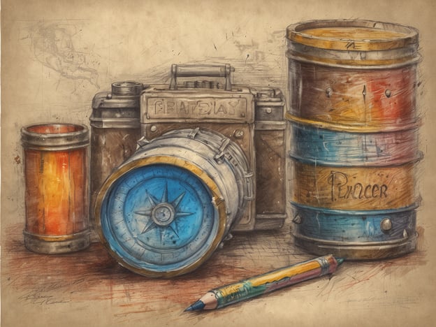 Auf dem Bild sind verschiedene Gegenstände zu sehen, die zusammen eine künstlerische Stillleben-Darstellung bilden. Zu sehen sind eine Kamera, mehrere zylindrische Behälter und ein bunter Stift. Die Kamera scheint nostalgisch und handwerklich gestaltet zu sein. Die Behälter sind in unterschiedlichen Farben gestaltet und könnten an künstliche Farbtöne oder Aufbewahrungseinheiten erinnern.
**Geheimtipps für Sparfüchse:**
1. **Second-Hand-Läden:** Oft findet man dort Vintage-Kameras oder kreative Materialien, die man für Kunstprojekte nutzen kann.
2. **DIY-Projekte:** Statt teurer Kunstmaterialien selbst machen, können leere Behälter kreativ umgestaltet werden.
3. **Online-Tauschbörsen:** Viele bieten gratis oder günstige Materialien an, die andere nicht mehr benötigen.