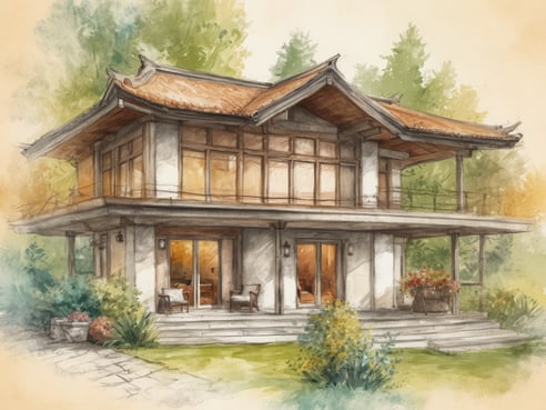 Das Bild zeigt ein liebevoll gestaltetes, zweigeschossiges Gebäude im asiatischen Stil mit einem roten Ziegeldach und großen Fenstern. Vor dem Haus befinden sich eine gemütliche Veranda mit zwei Stühlen und einer eindrucksvollen Pflanzung, die den Eingang umrahmt. Der Garten ist grün und lebendig, mit bunten Blumen und Sträuchern. Die gesamte Szenerie strahlt Ruhe und Romantik aus, perfekt für ein Wellness Wochenende für Paare.